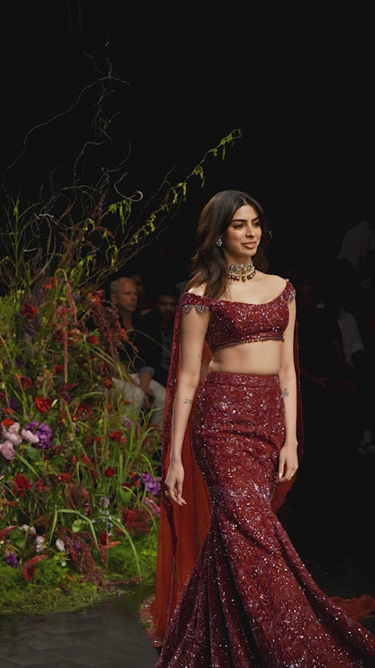 A Ruby wine fluted Lehenga
